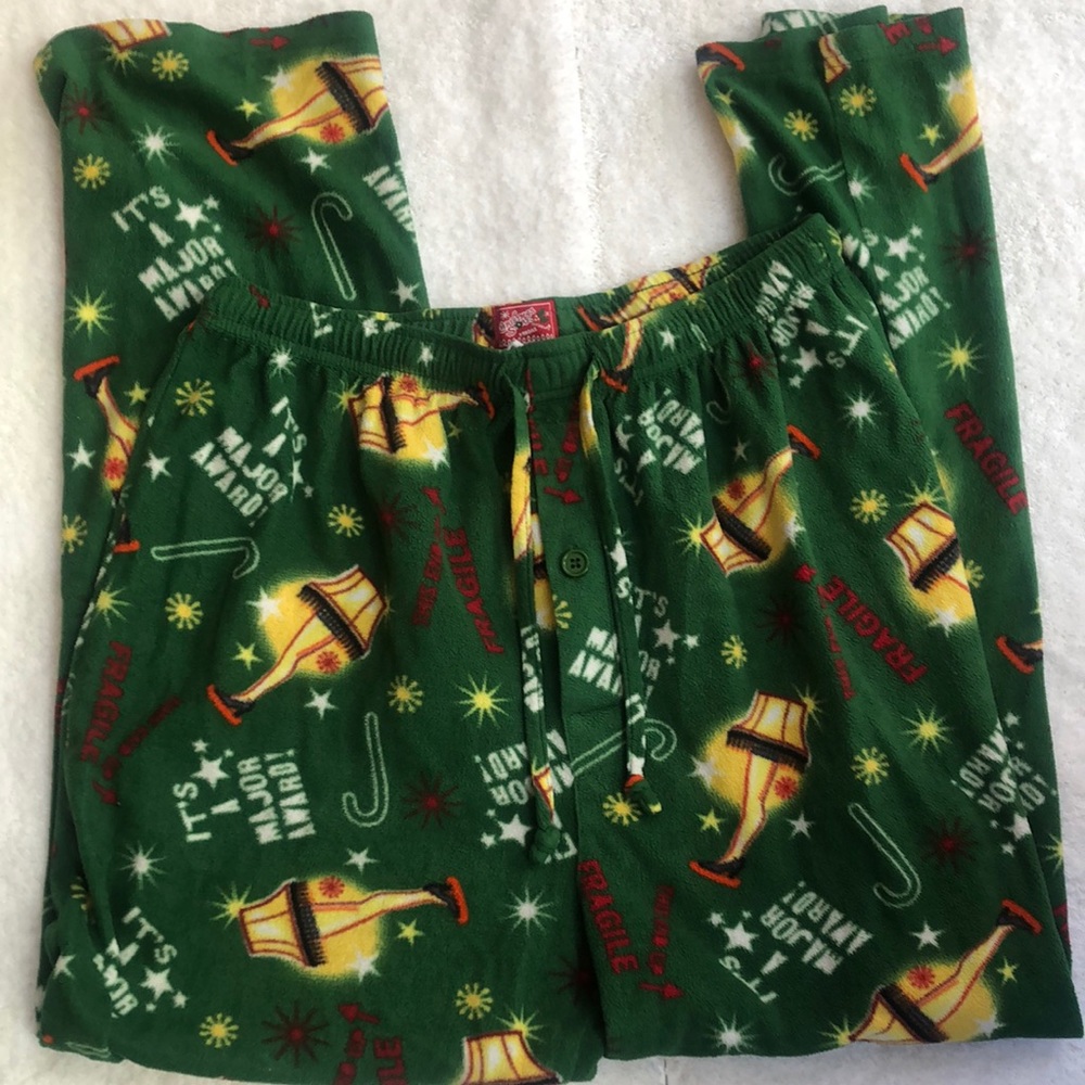 A Christmas Story Leg Lamp Major Award Green Fleece PJ‎ Pajama Pant Bottom Large